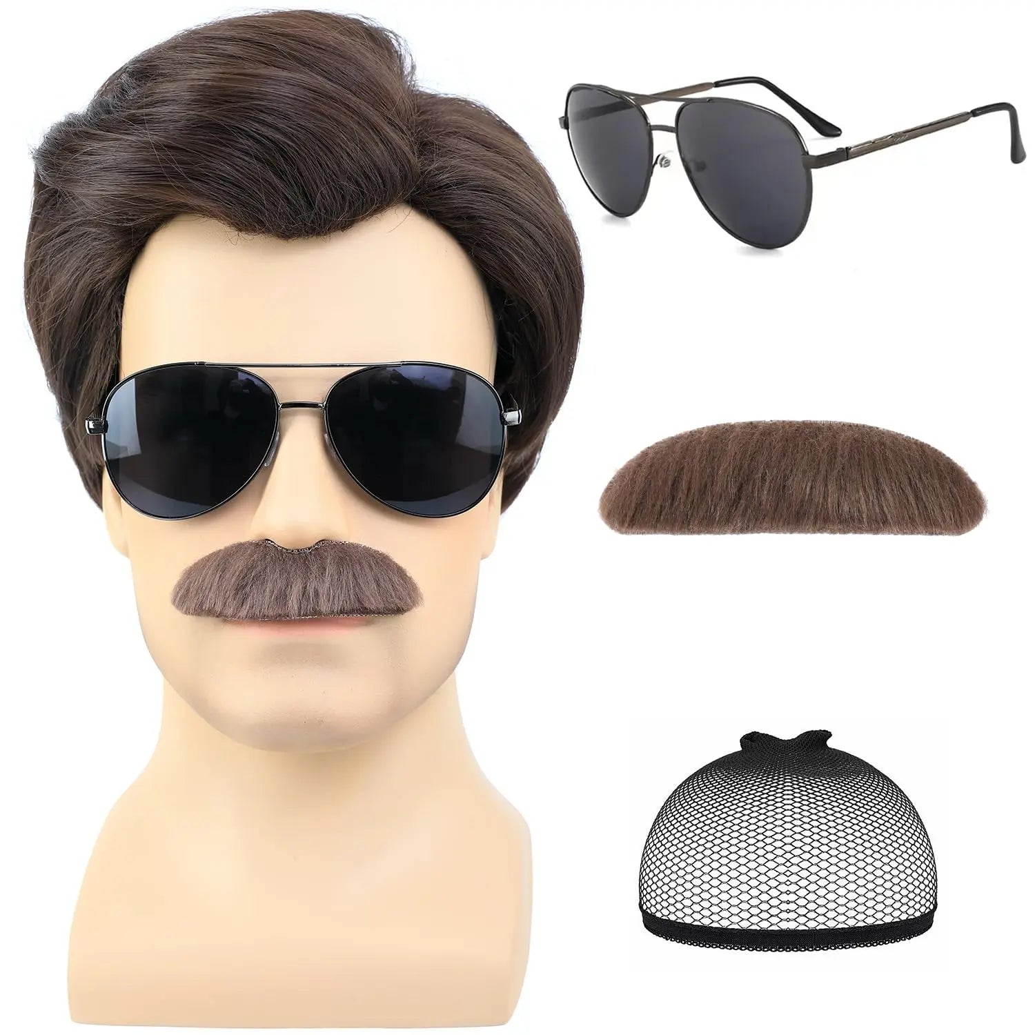 Short Brown Costume Wig Set with Mustache and Sunglasses for Parties - 1