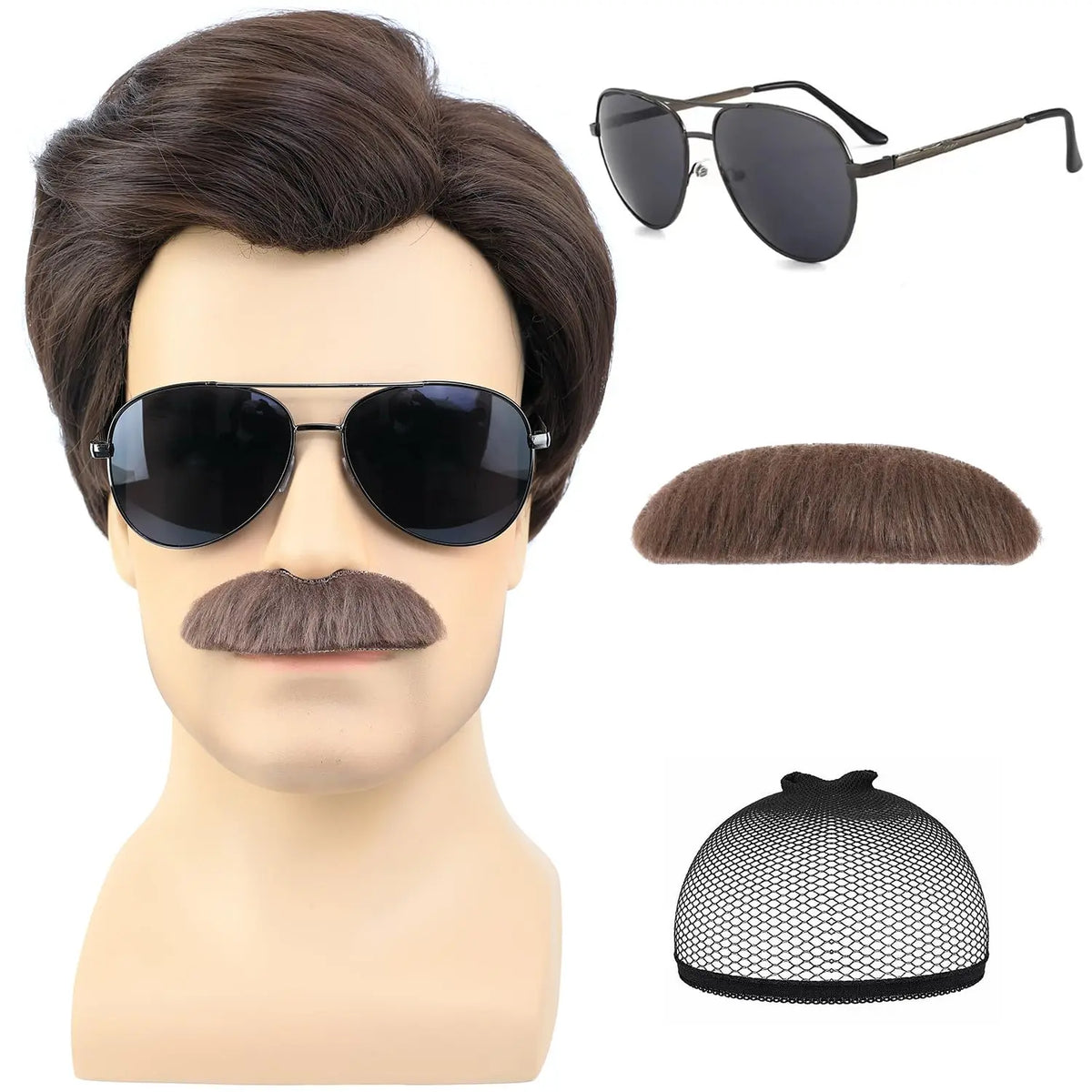 Short Brown Costume Wig Set with Mustache and Sunglasses for Parties