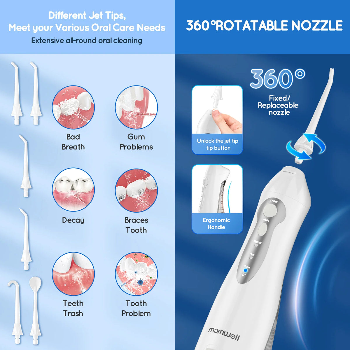 Portable Cordless Water Flosser with 6 Tips and 3 Modes for Teeth Cleaning