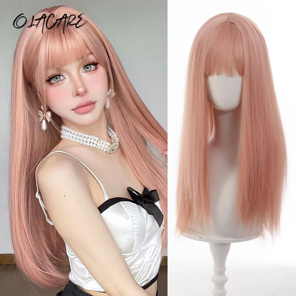 24 Inch Long Pink Cosplay Wig with Bangs - 44