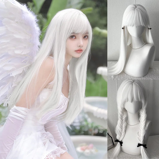 Long White Straight Wig with Bangs for Cosplay and Daily Wear