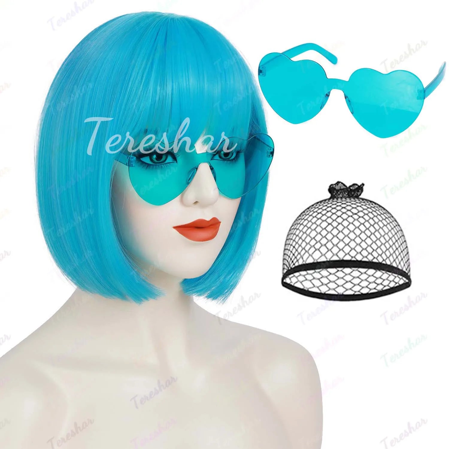 Short Straight Bob Wig with Heart Sunglasses for Parties and Cosplay - 12