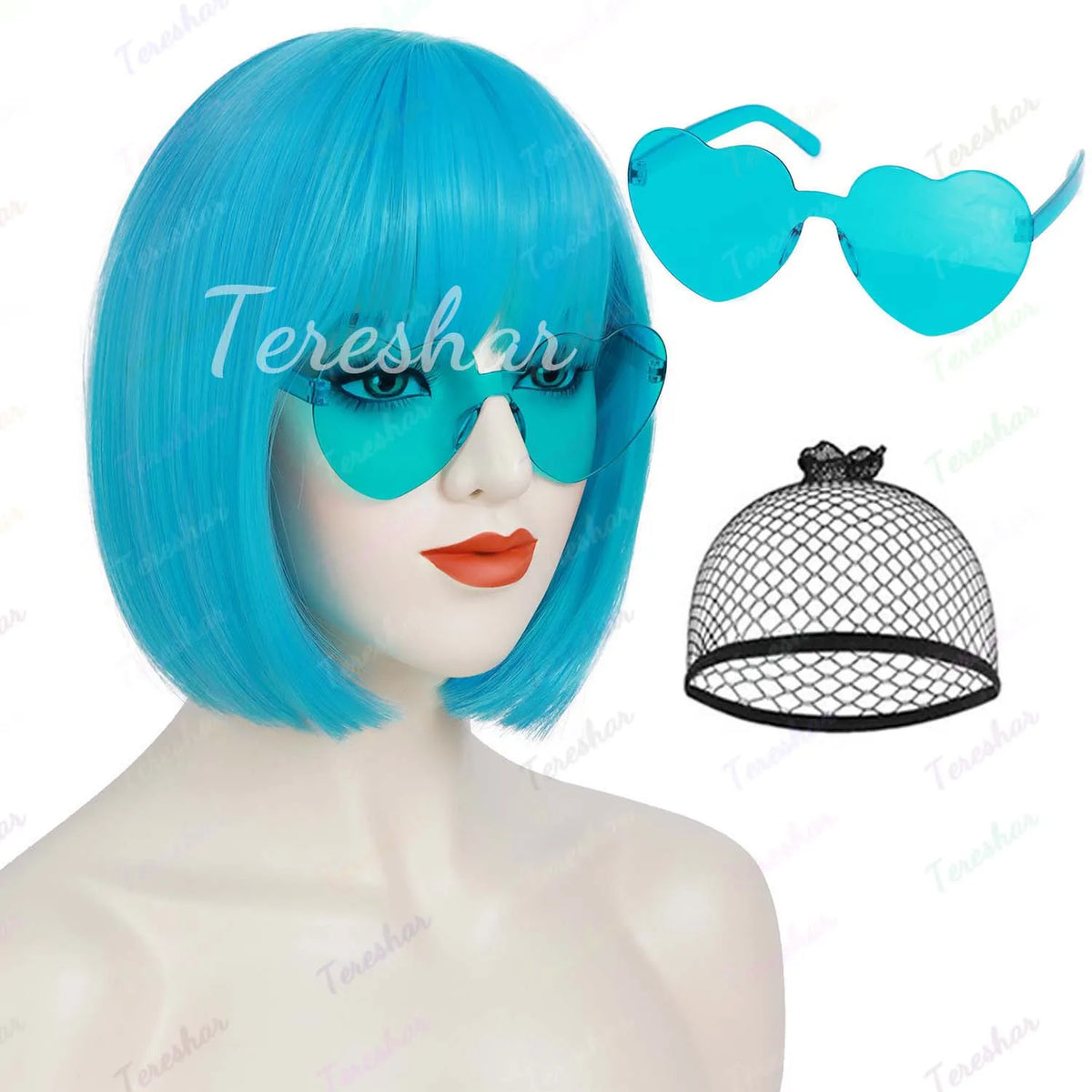 Short Straight Bob Wig with Heart Sunglasses for Parties and Cosplay