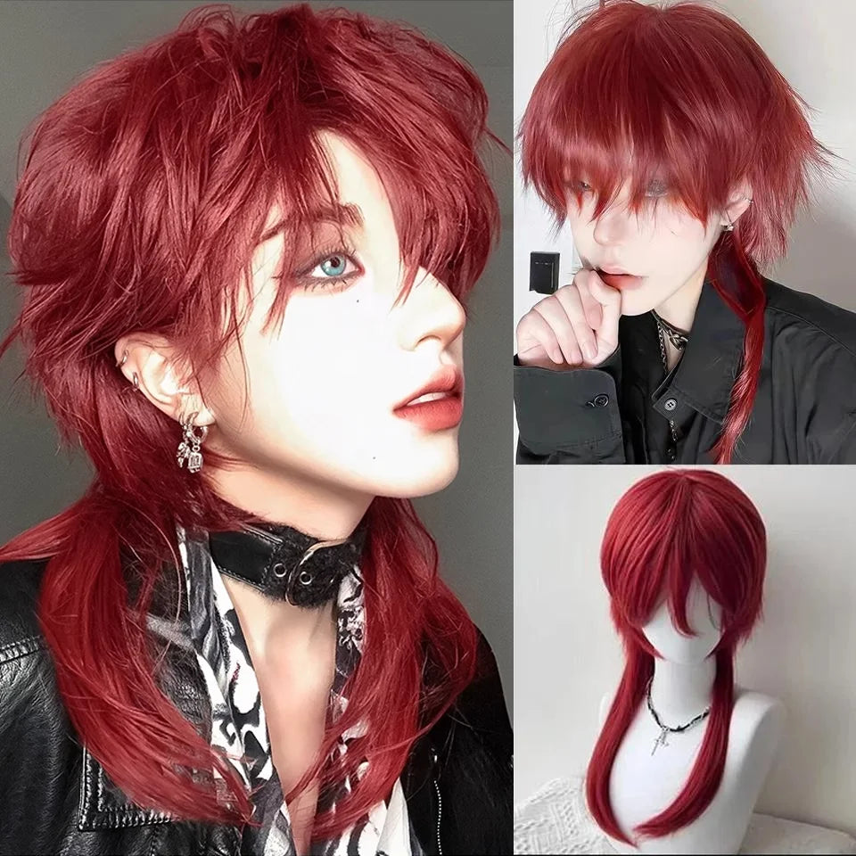 Red Wolf-Tailed Mullet Anime Cosplay Wig - 1