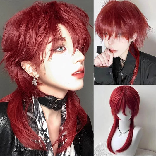 Red Wolf-Tailed Mullet Anime Cosplay Wig