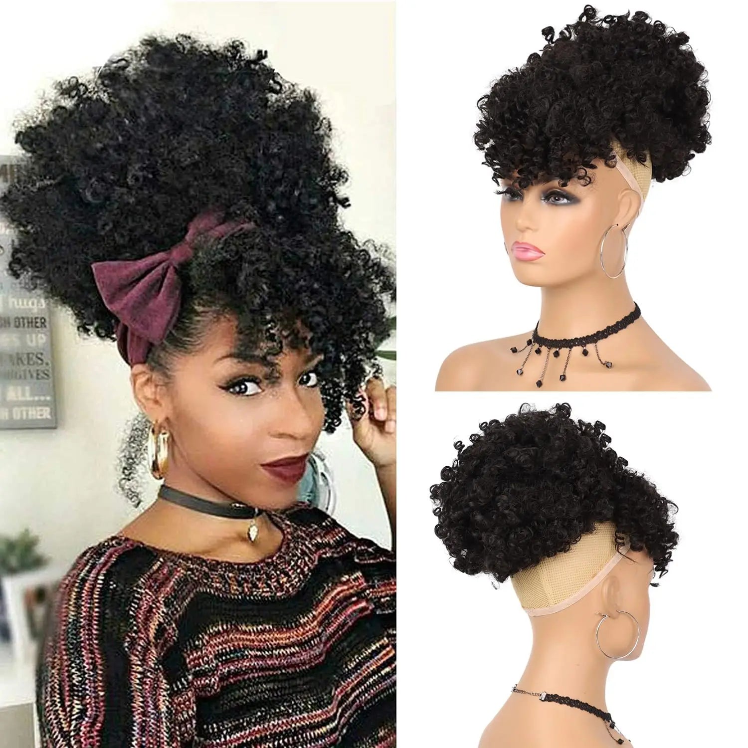 Kinky Curly Afro Puff Drawstring Ponytail with Bangs for Women - 1