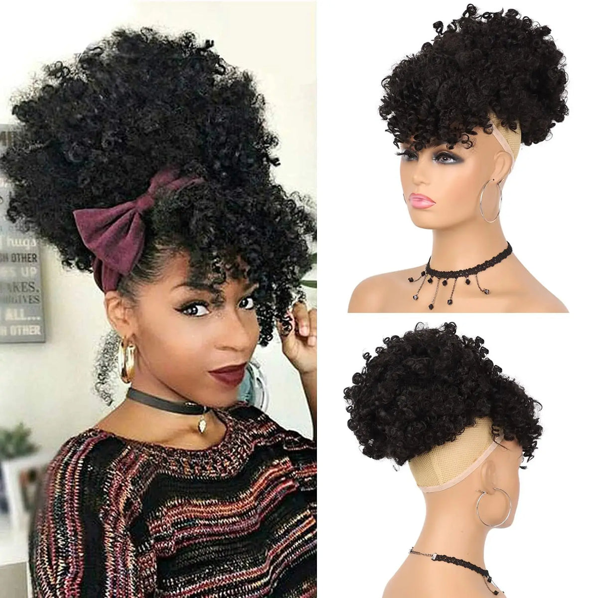 Kinky Curly Afro Puff Drawstring Ponytail with Bangs for Women