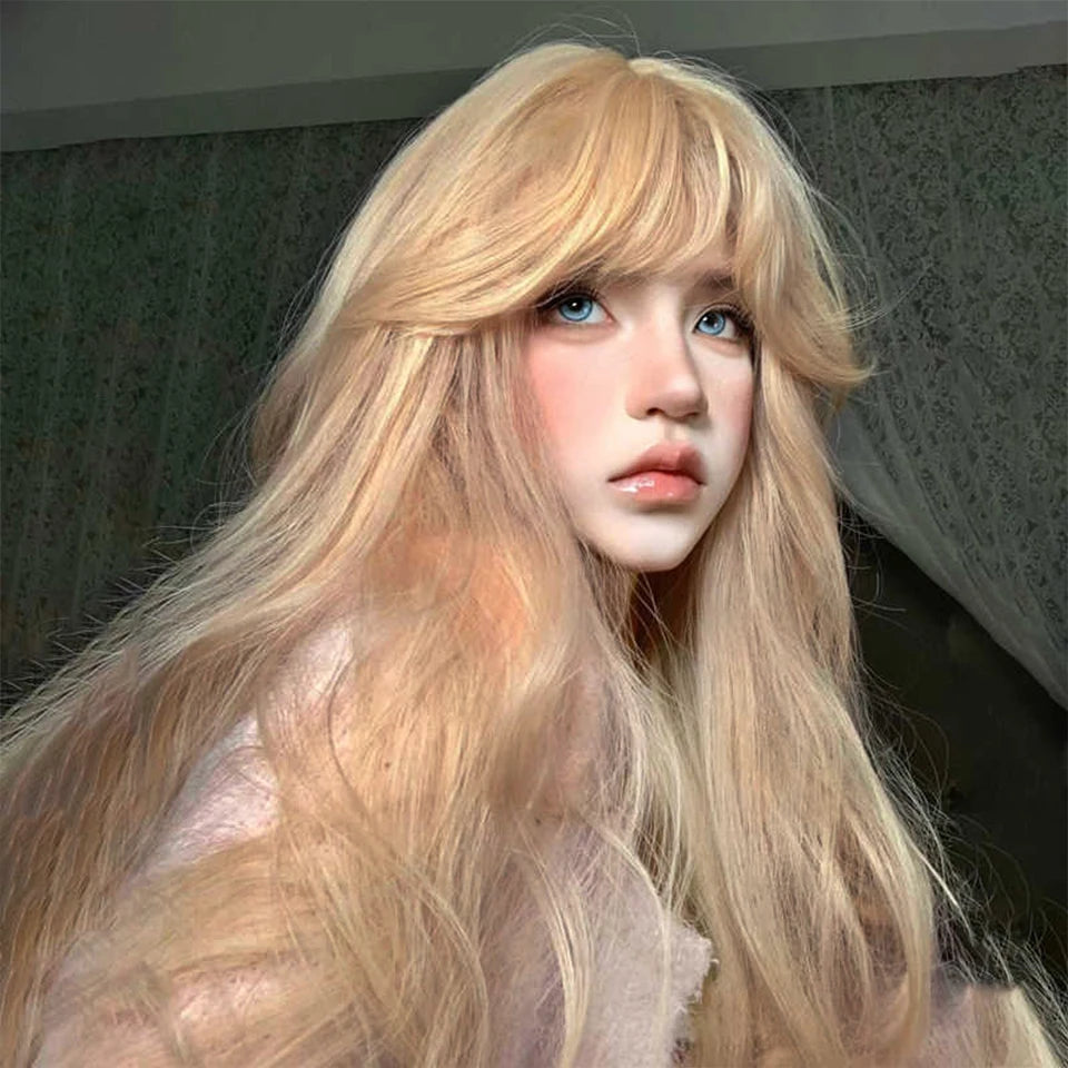 Long Wavy Ash Blonde Synthetic Wig with Bangs - 5