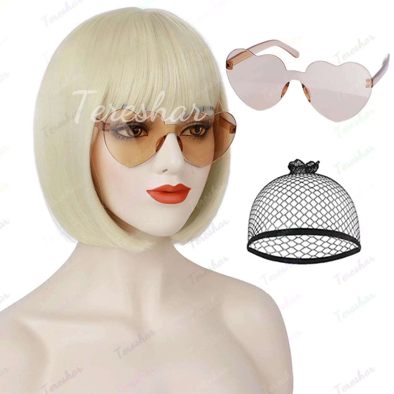 Short Straight Bob Wig with Heart Sunglasses for Parties and Cosplay - 13