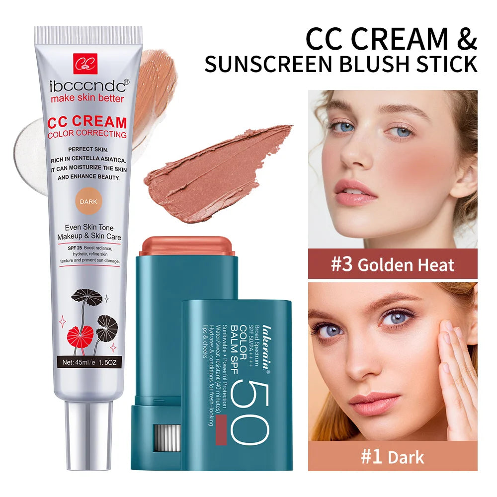 Color Correcting CC Cream and SPF 50 Sunscreen Blush Stick Makeup Set
