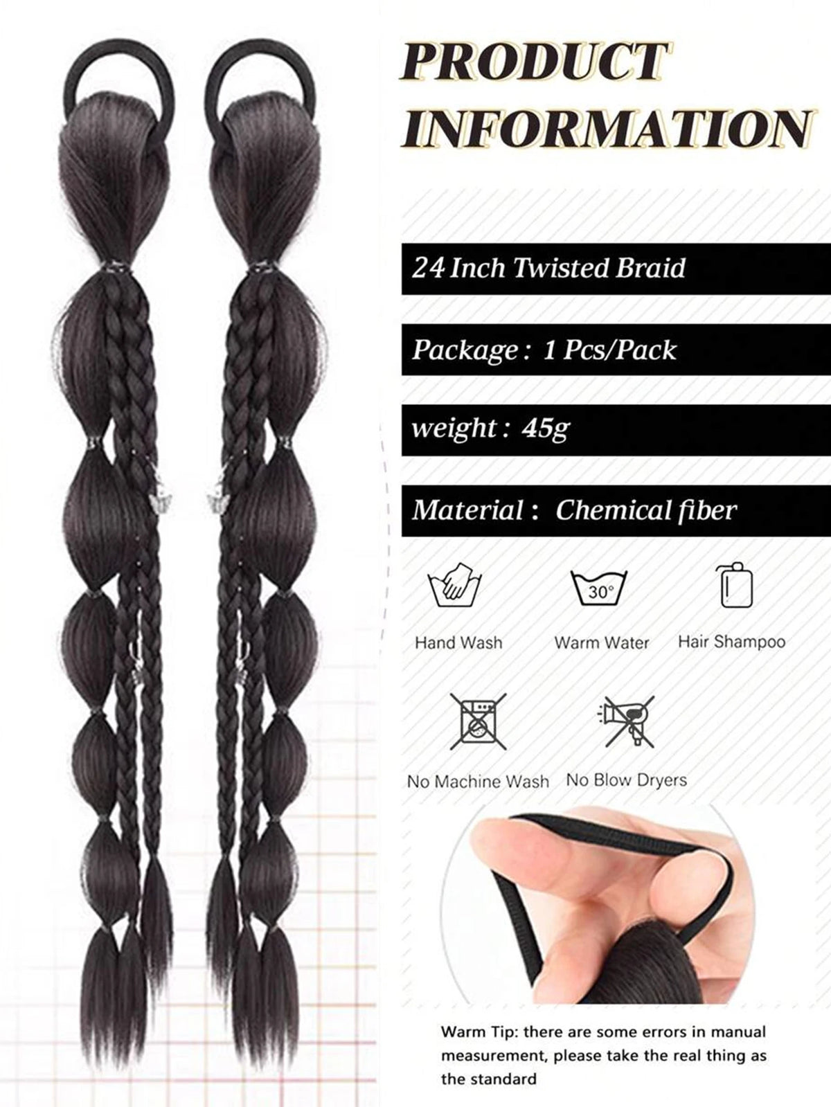 18-Inch Synthetic Bubble Braid Ponytail Extension with Rubber Band