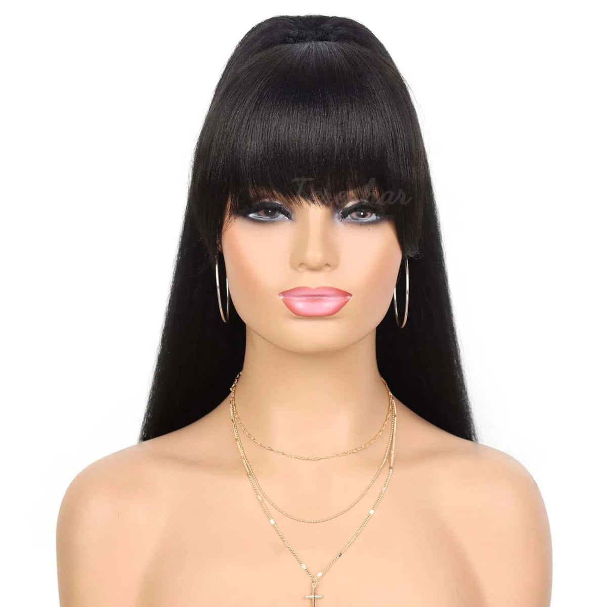 Long Yaki Straight Ponytail Extension with Bangs for Daily Hair Styling
