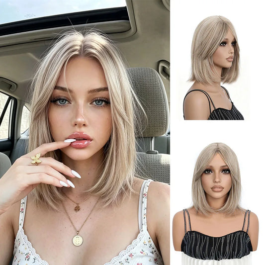 Short Straight Bob Wig with Curtain Bangs