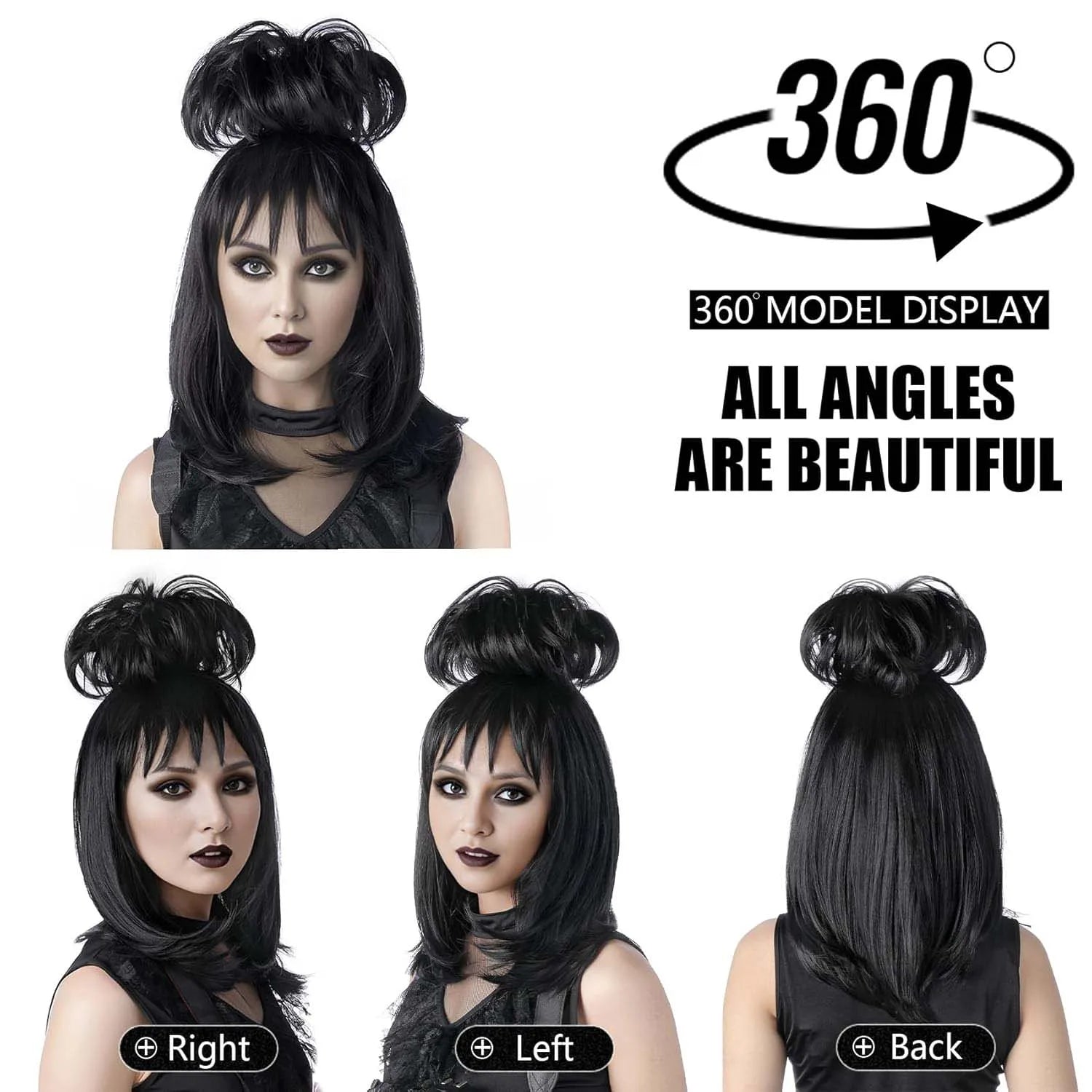 Black Costume Wig with Detachable Bun for Halloween and Cosplay Parties - 2