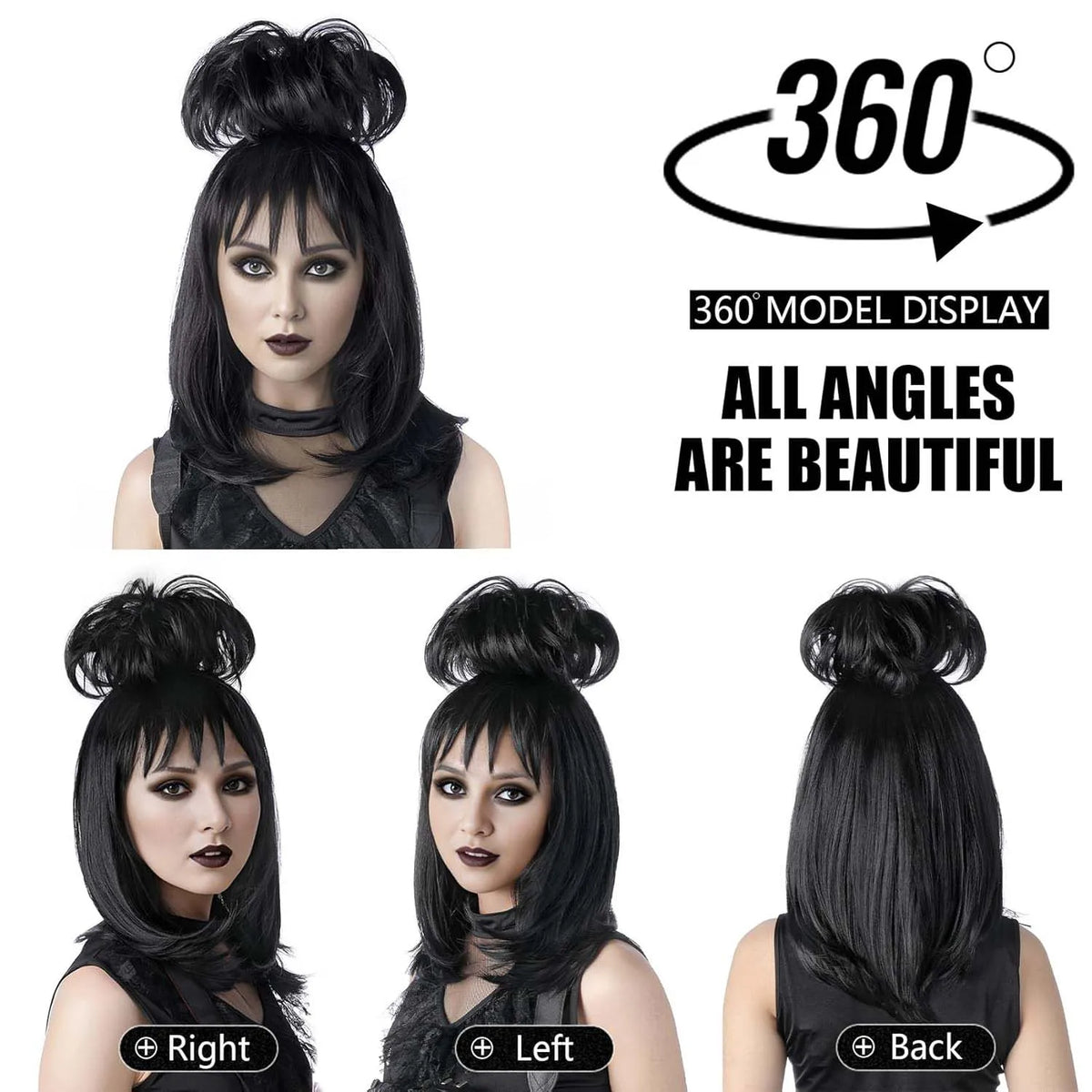 Black Costume Wig with Detachable Bun for Halloween and Cosplay Parties