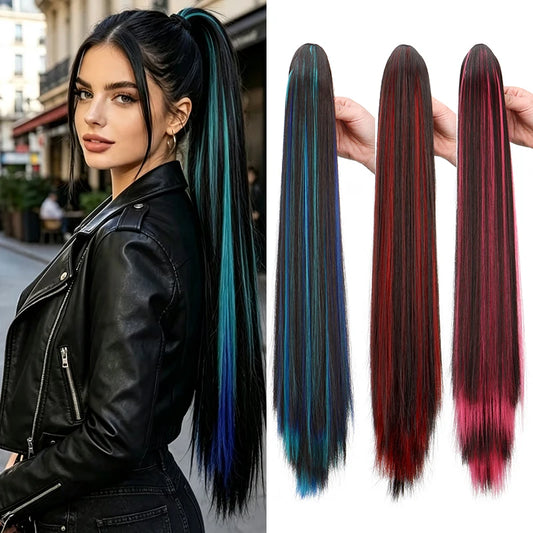 24-Inch Long Straight Highlight Ponytail Claw Clip Extension