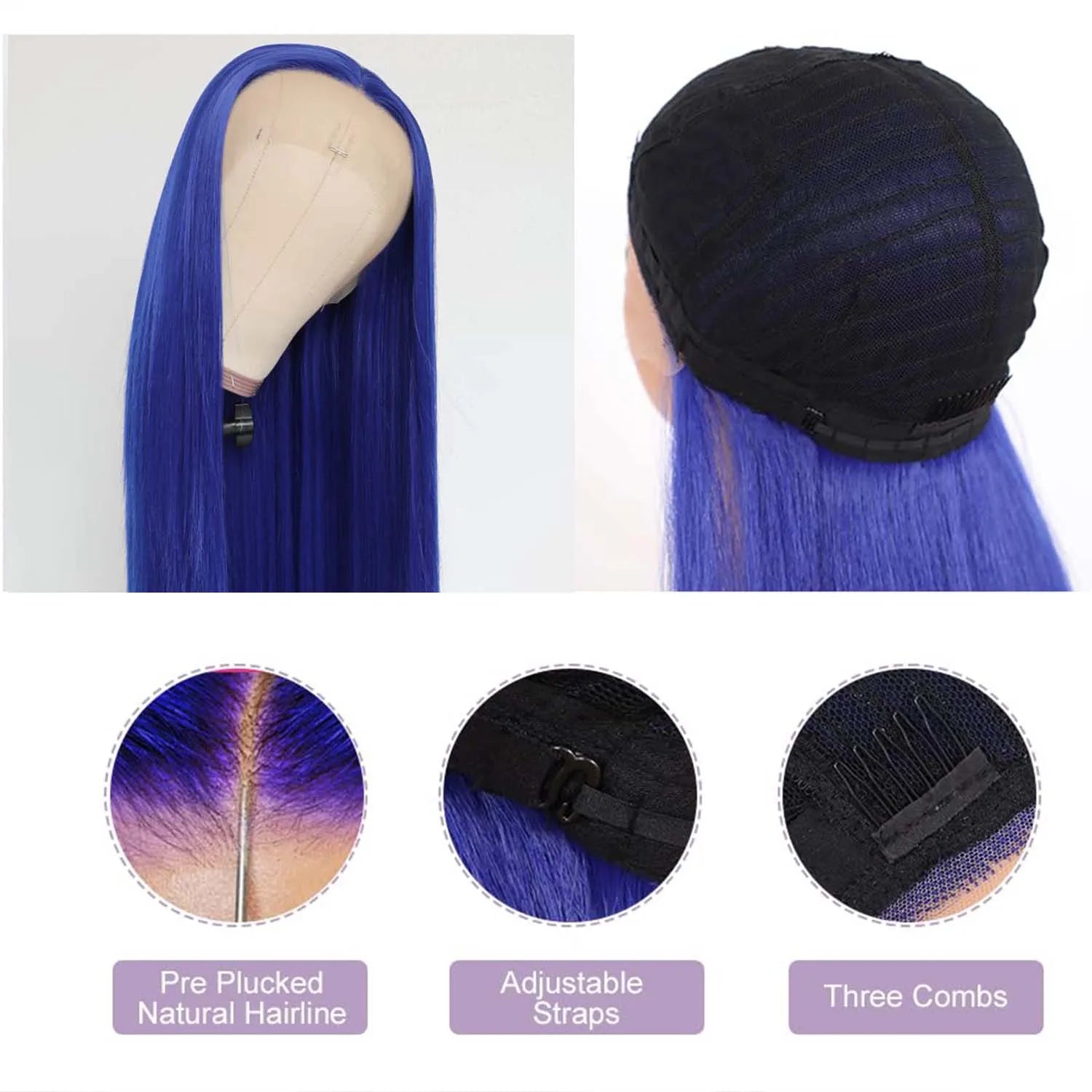 Long Straight Blue Lace Front Wig for Women with Natural Hairline - 6