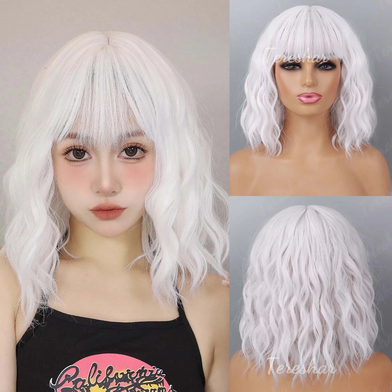 Short Wavy White Wig with Bangs for Cosplay and Daily Wear - 12