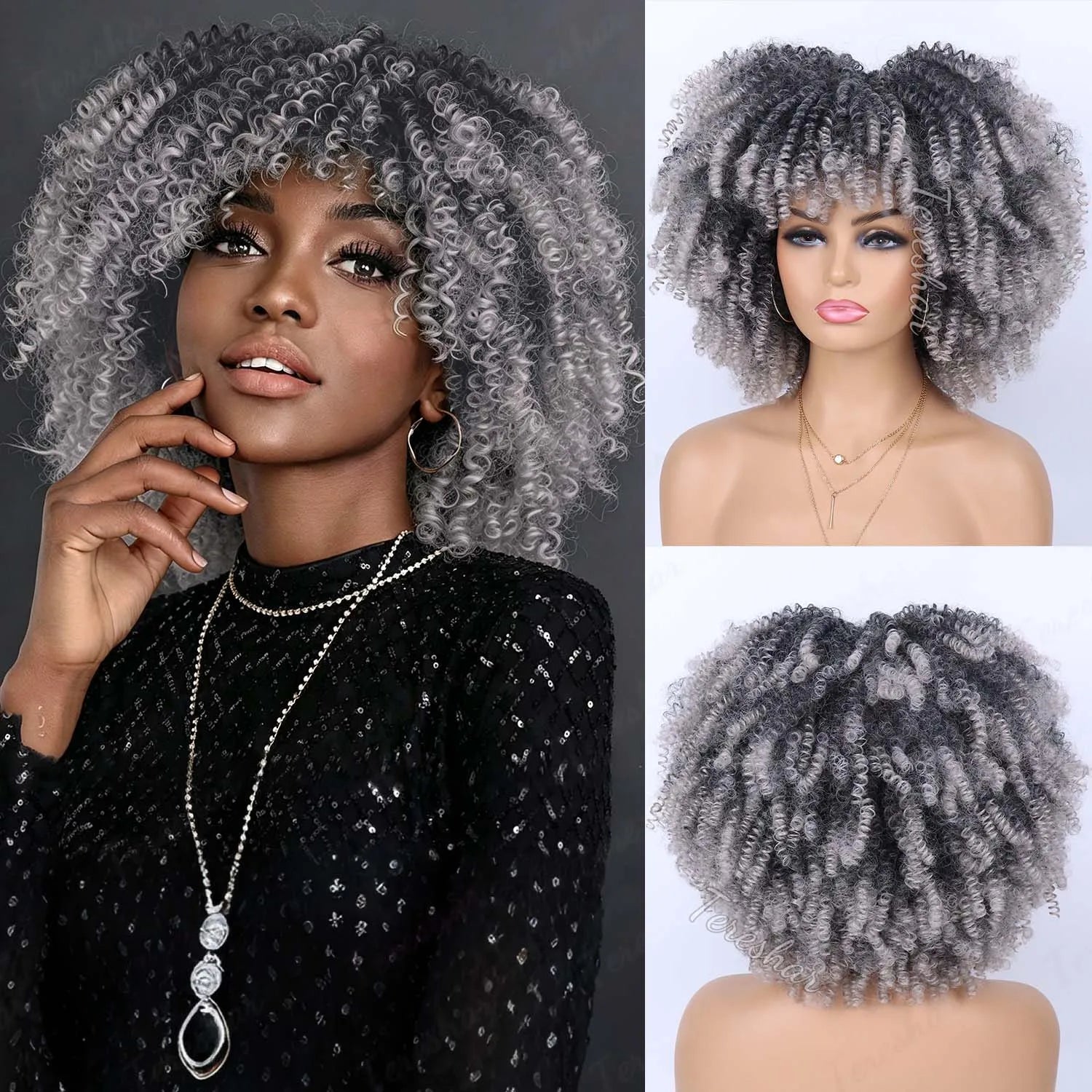 Short Curly Afro Wig with Bangs for Daily Wear - 25