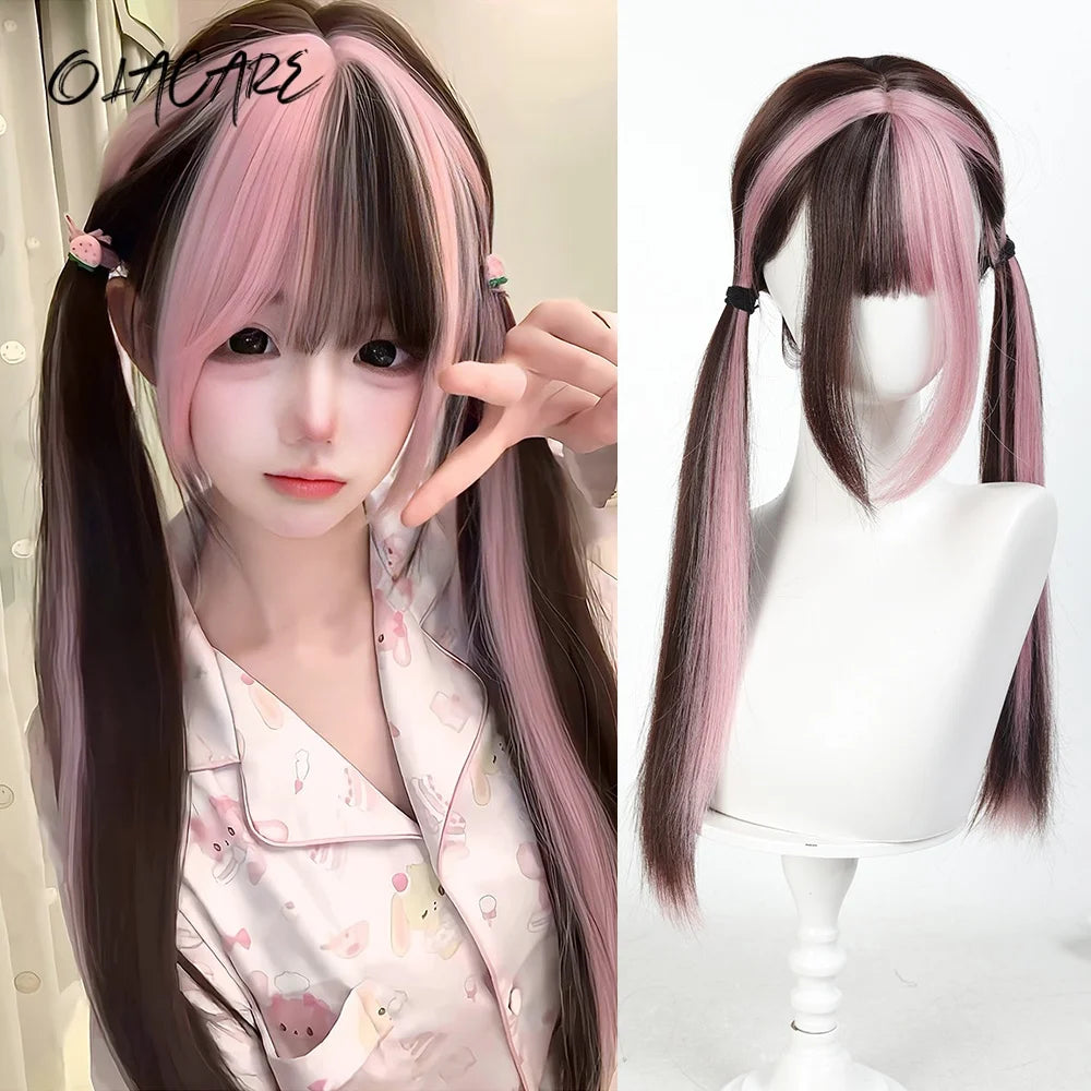 24 Inch Long Pink Cosplay Wig with Bangs - 51