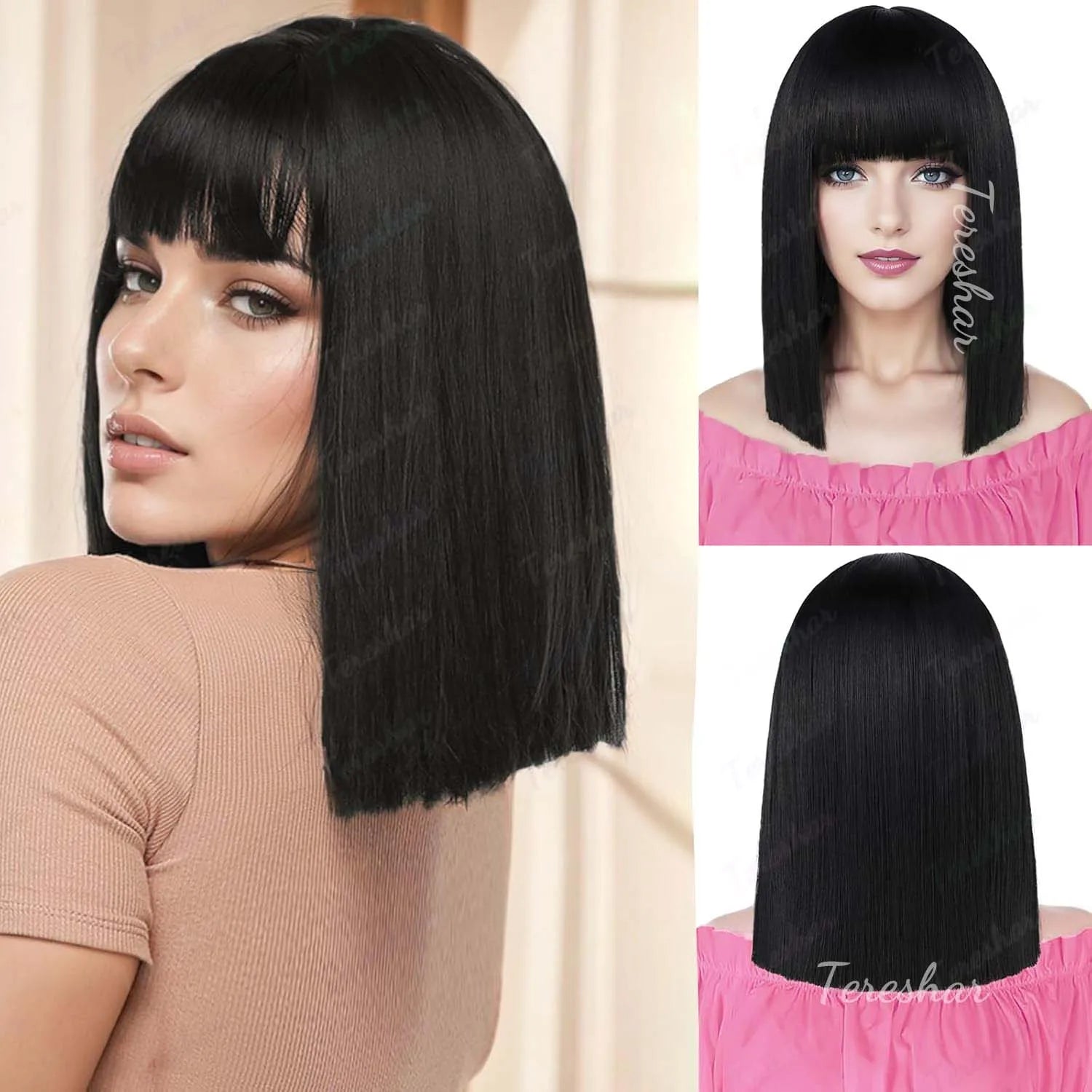 Heat Resistant Synthetic Straight Bob Wig with Bangs for Women - 17