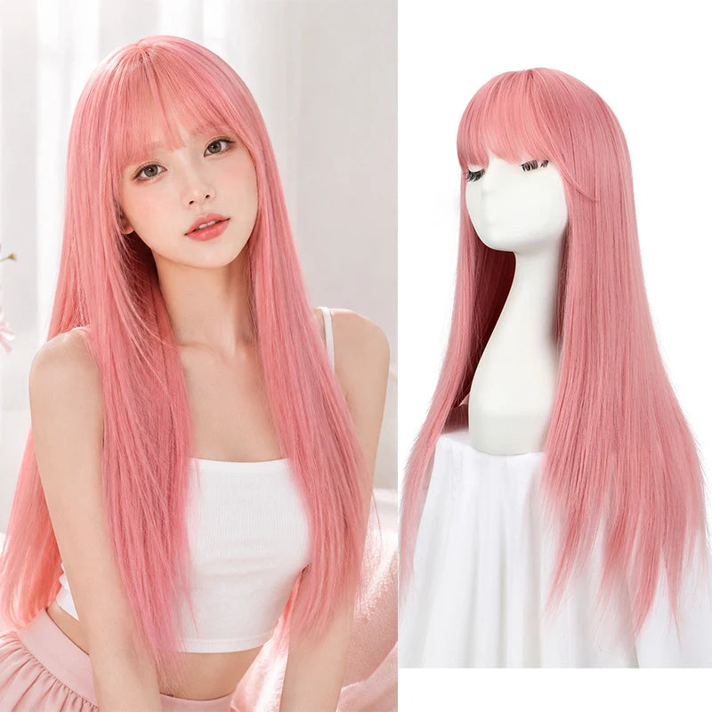 Long Straight Synthetic Wig with Full Bangs for Cosplay and Daily Wear - 1