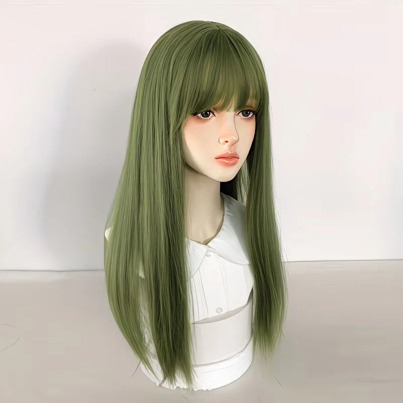 20 Inch Straight Green Wig with Bangs for Parties