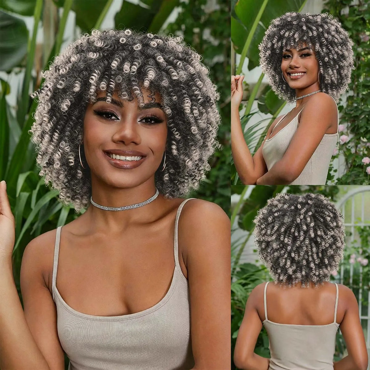 Short Curly Afro Wig with Bangs for Daily and Party Wear